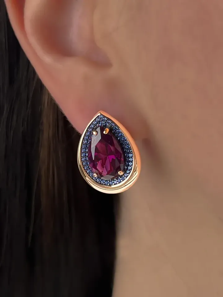 Earrings silver 925 gold plated with amethyst and sapphire