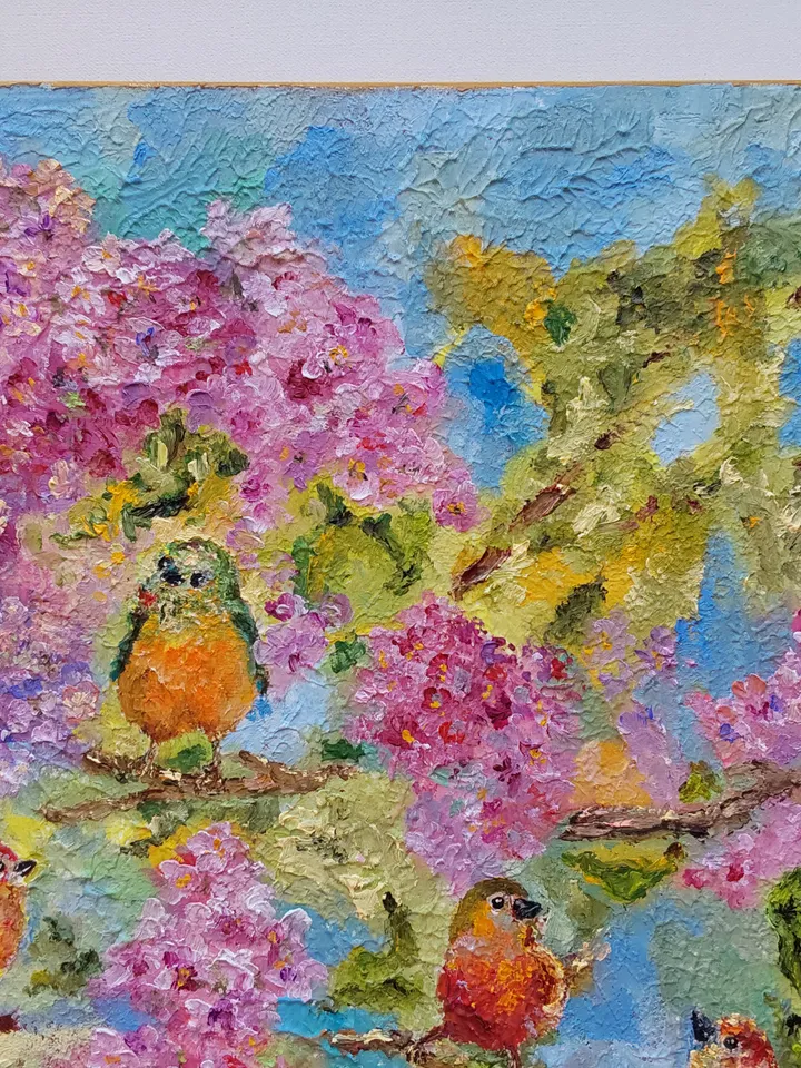 "Spring. Bird talk" oil painting on textured canvas 50x50cm (20x20 inches).