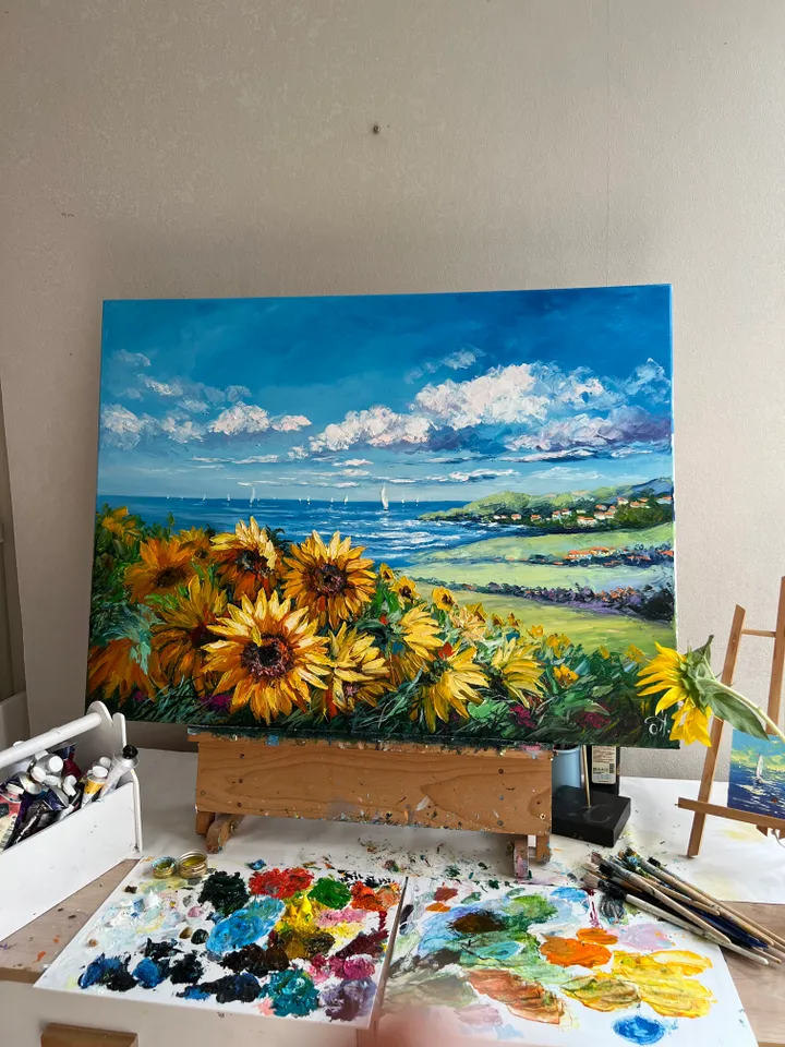 Original oil painting on canvas large artwork sunflowers fields and sea beautiful landscape realistic impasto art