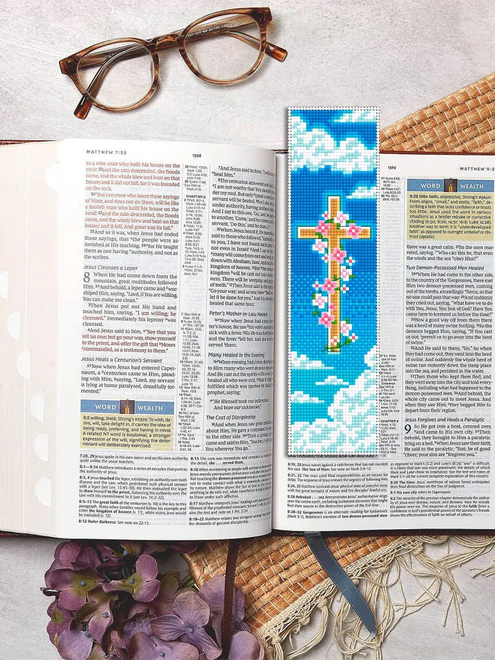 Christian bookmark cross stitch pattern PDF download Holy cross with flowers cross stitch chart, Bible bookmark pattern digital PDF #B444