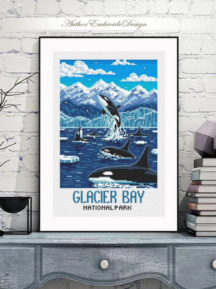 Glacier Bay National Park cross stitch pattern PDF download Killer whale cross stitch chart, Splashing Orcas in Alaska, Travel poster #L102