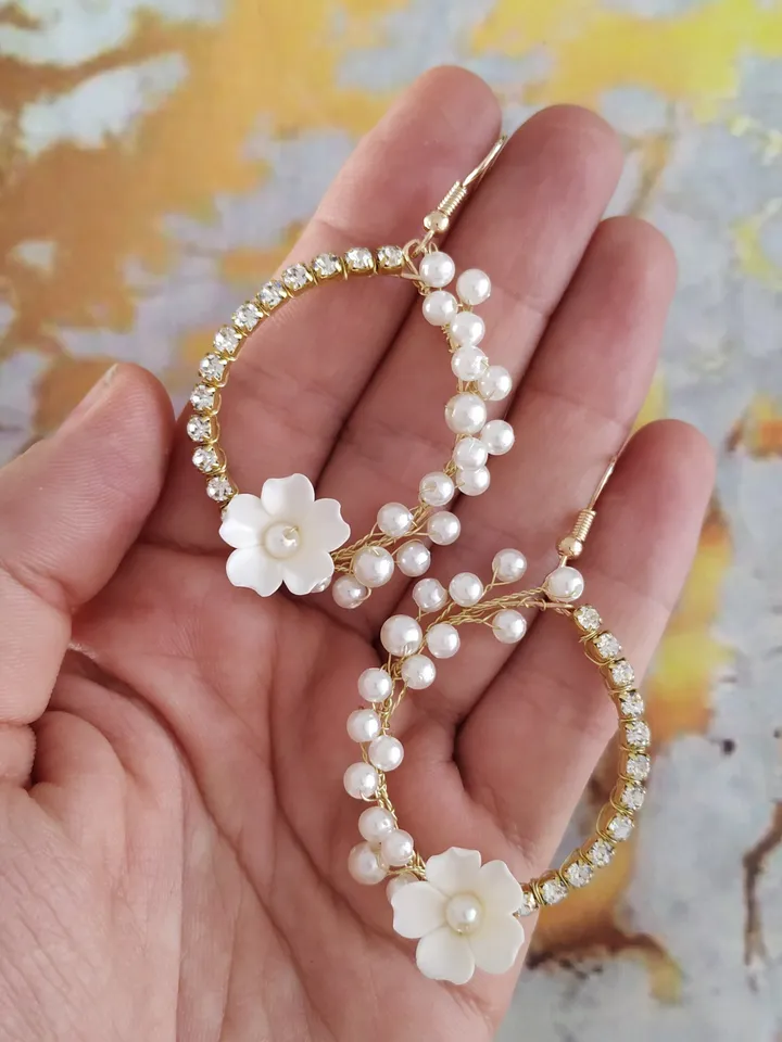 White Rose Earrings, Flower Hoop Earrings, Gold Bridal Earrings, White Floral Earrings, Wedding Earrings, Statement Wedding Earrings Jewelry