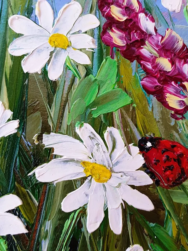 Daisy Painting Bluebonnet Original Art Wildflower Wall Art Ladybug Art Meadow