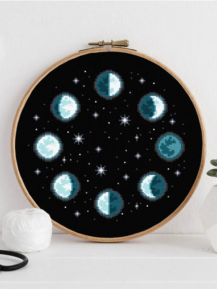 Moon phases cross stitch pattern download PDF Space cross stitch, Lunar pattern PDF, Simple cross stitch chart, Moon phase decor #L59