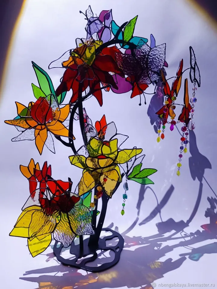Vertical Flower Branch 3D, 3D Stained Glass Flower Branch, Vertical 3D Floral Stained Glass Branch, 3D Floral Branch in Stained Glass, Vertical Stained Glass Flower Composition in 3D, 3D Stained Glass Blossom Branch, Vertical 3D Flower Design