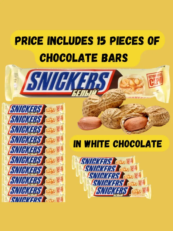 SNICKERS chocolate is a nut covered with white chocolate the order includes 15 pcs