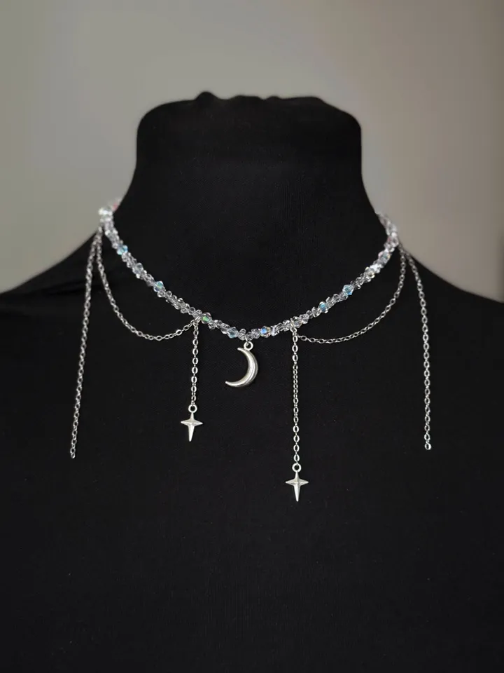 Chain necklace, Choker with a chain and a moon pendant, a necklace with a crescent moon, Silver Choker, Layer Link necklace, Multi Strand necklace