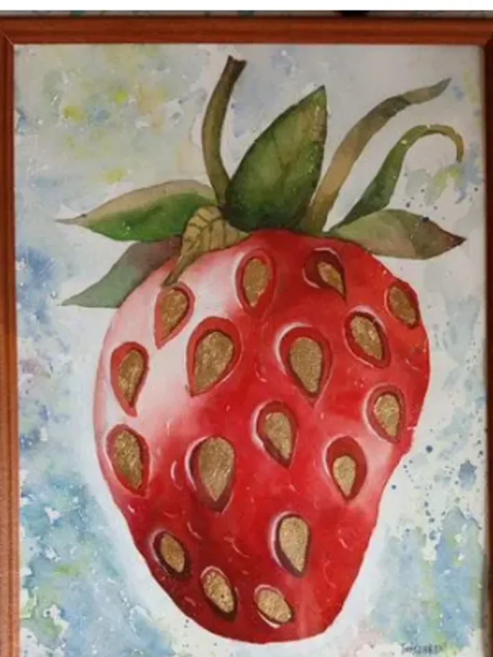 Picture in a frame under glass "Juicy Strawberry", watercolor, size 40 by 30 cm
