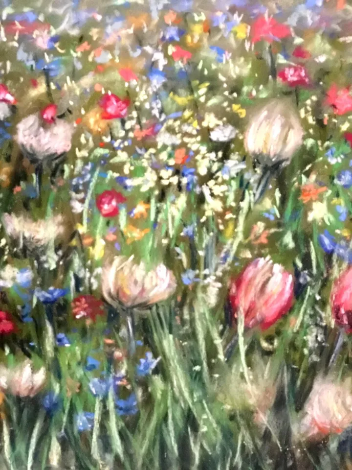 Flower fields,original soft pastel painting on pastelmat,colourful wall art