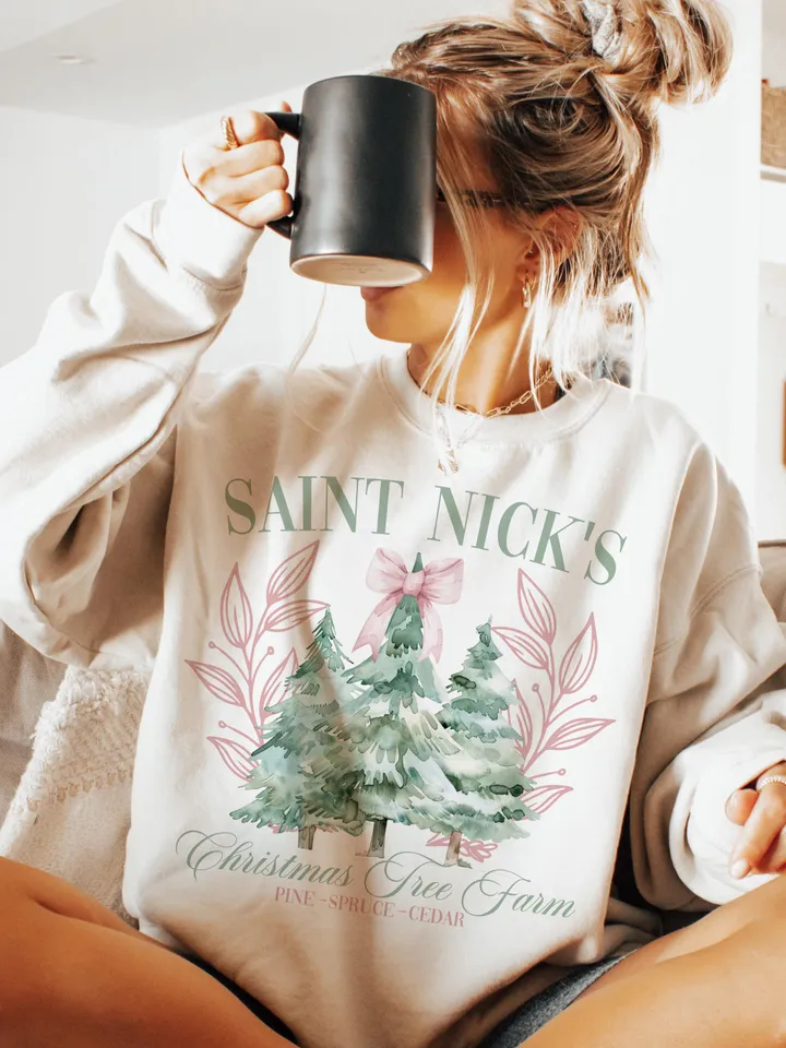 Saint Nick's Christmas Tree Farm PNG Coquette Pink Christmas Png vintage christmas png svg, boho christmas png,trendy Pink Bow png