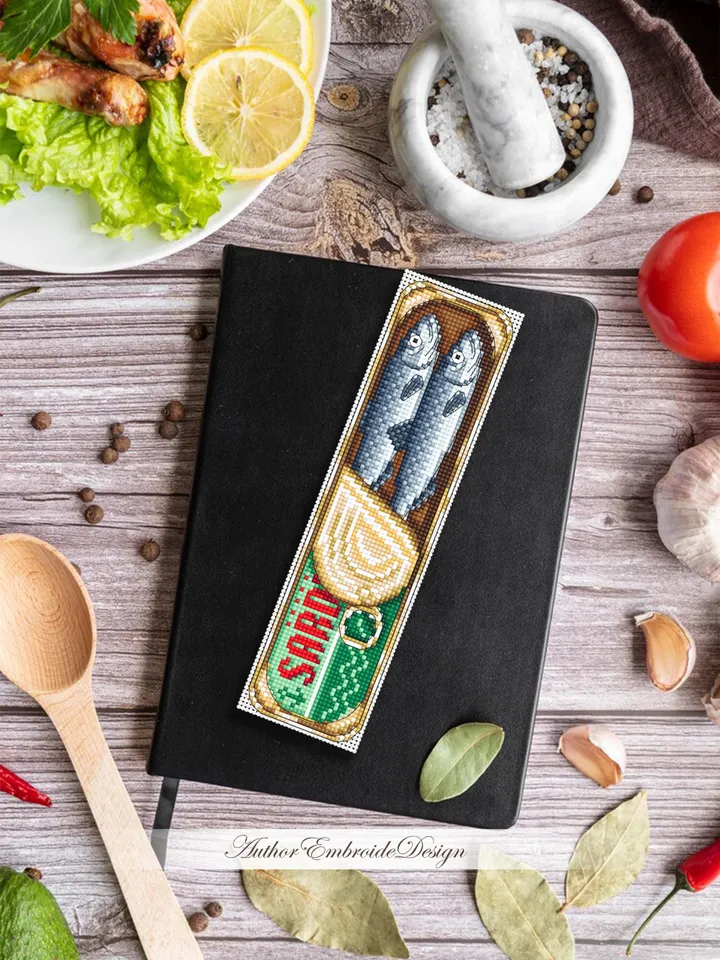 Sardine bookmark cross stitch pattern PDF download Canned sardines cross stitch chart, Funny bookmark pattern digital PDF, Small fish #B437
