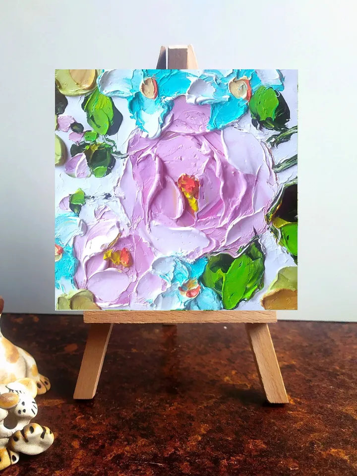 Peony Painting Flowers Original Art Pink Peonies Impasto Oil Painting Small Hydrangea Wall Art 4 by 4 in by ArtProkopaloSv