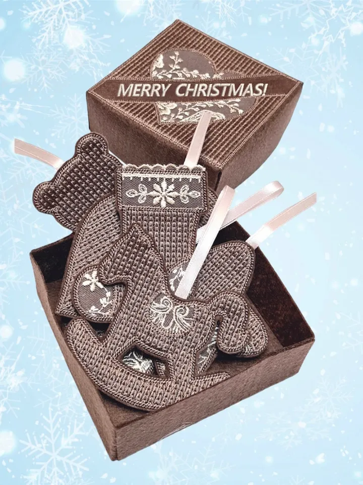 New Year's set of designs of six Christmas tree decorations and a gift box.