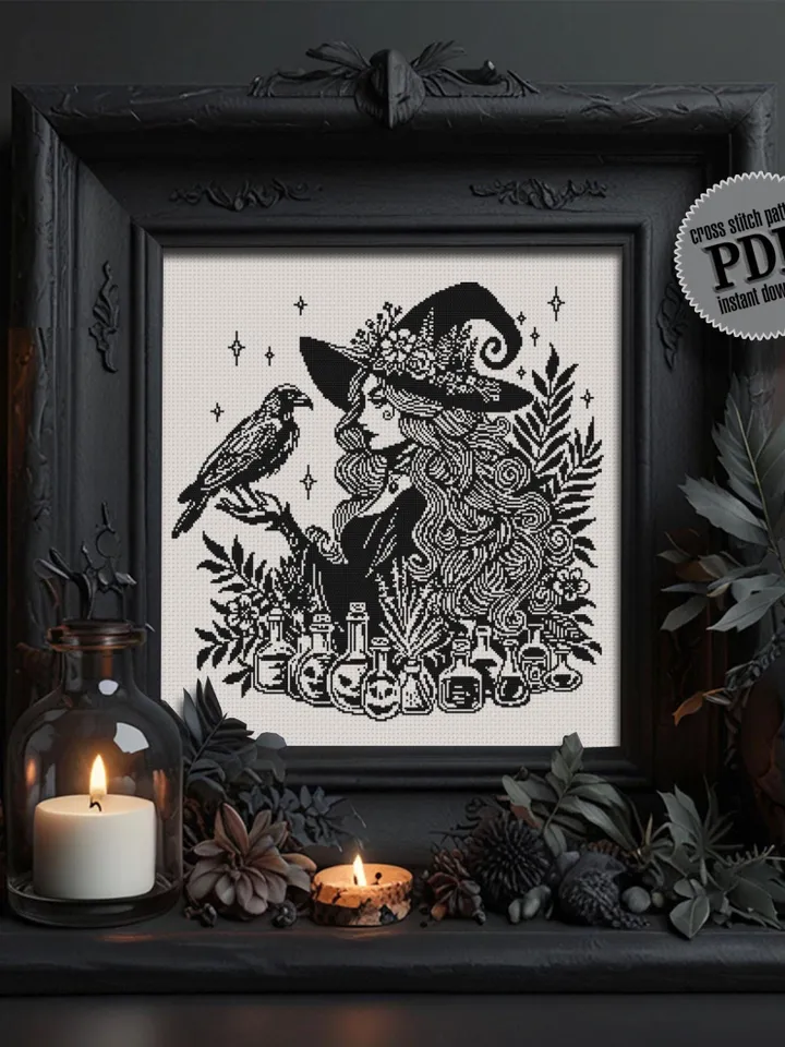 Halloween forest witch cross stitch pattern PDF download Halloween cross stitch chart monochrome, Gothic pattern digital PDF Black crow #H77