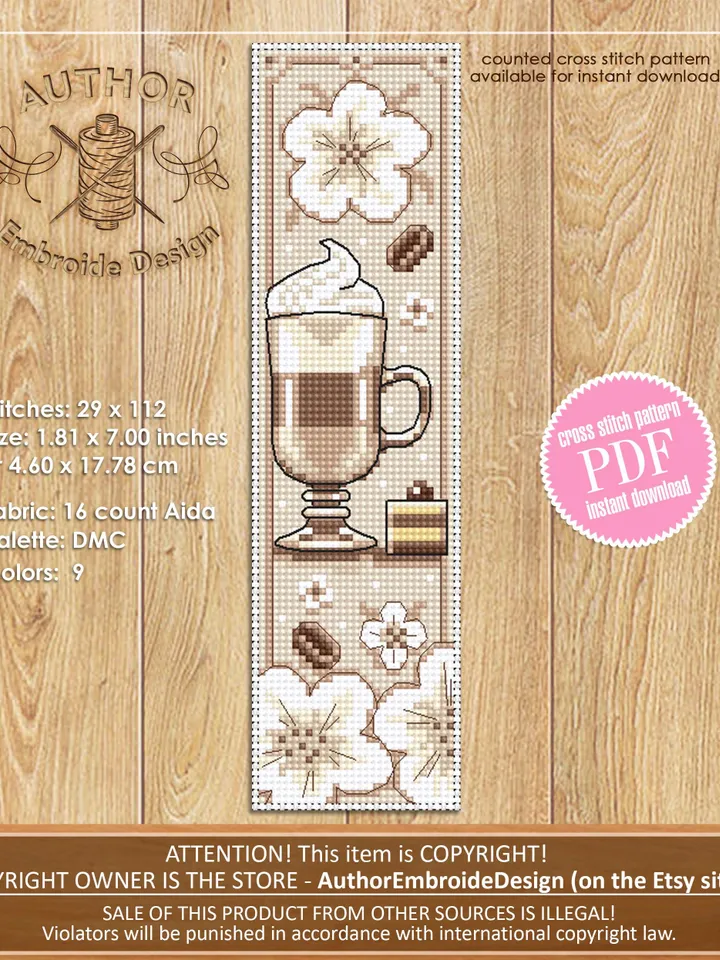 Coffee bookmark cross stitch pattern PDF download Coffee cross stitch chart, Bookmark pattern digital PDF, Coffee lover gift, Latte  #B373