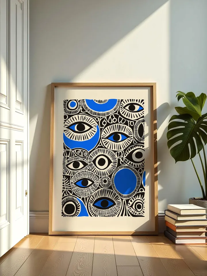 Abstract Eye Collage Print, Surreal Eye Wall Art, Bold Blue Black Poster, Eclectic Eye Decor, Whimsical Illustration, Digital Download