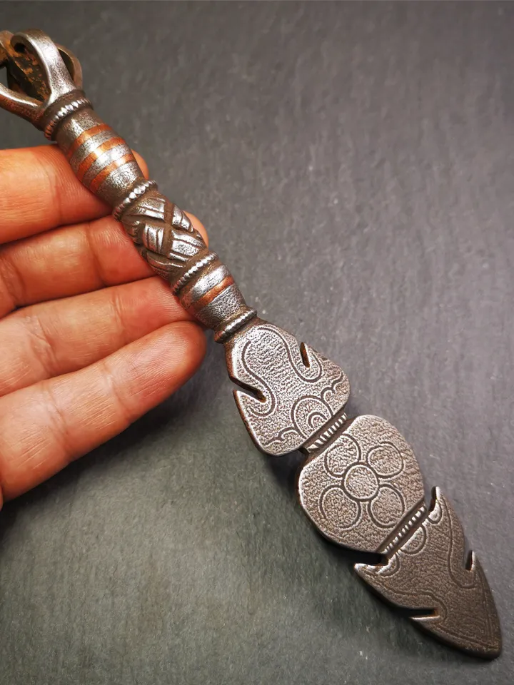 Gandhanra Handmade Tibetan Buddhist Ritual Implement - Kila -Dorje Phurba,Made of Cold Iron inlaid Copper,7.8"