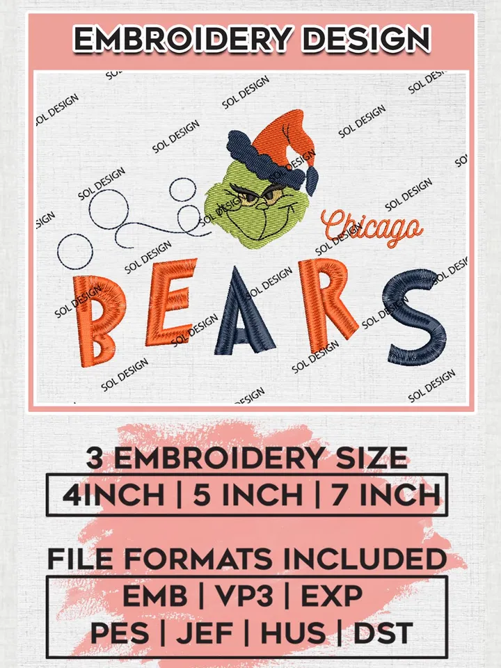Christmas Grinch Chicago Bears Embroidery Designs, Grinch Embroidery Files, NFL Bears Machine Embroidery Designs, NFL Chicago Bears Logo, NFL Christmas Machine Embroidery Design, Digital Download