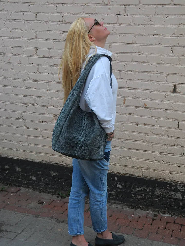 Big Soft Hobo Classy Sport Woman Bag | Purse Genuine Python Skin | Grey Riva Elegant Leather Designer Soft Bag Snake | exotic leather purse