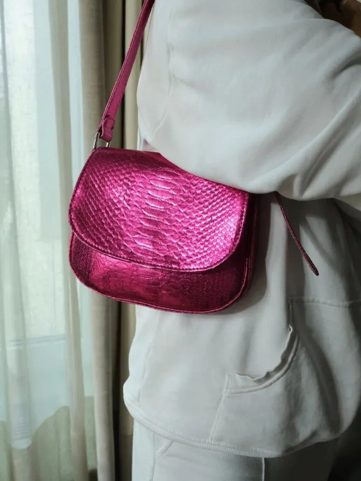 Genuine python skin small top handle shoulder pink foil bag | hot pink metal purse | classy funky designer leather bag | party bag leather