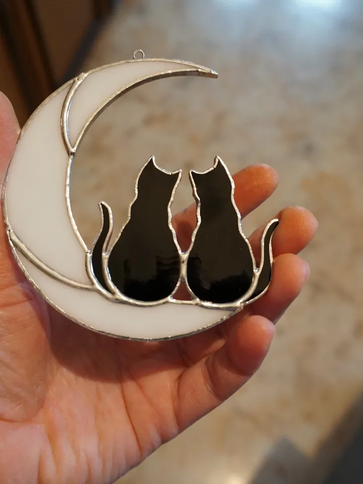 Two Black Cats On The Moon . Stained glass window hanging Suncatcher . Gift for animal lover , pet loss memorial 2