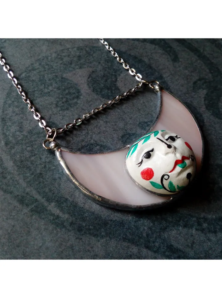 Stained glass moon, Moon Goddess, Moon phase necklace, Stainglass crescent, Full moon pendant, Moon face necklace