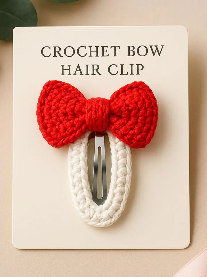 Crochet Bow Hair Clip Pattern, Scalloped Edge Bow Applique PDF, DIY Snap Clip Cover, Cute Decorative Hairpin, Handmade Accessory