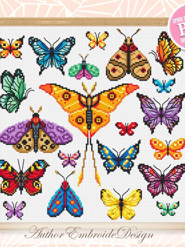 Butterfly cross stitch pattern PDF download, Sampler Butterflies cross stitch chart, Small moth cross stitch, Simple butterfly ornament #K35