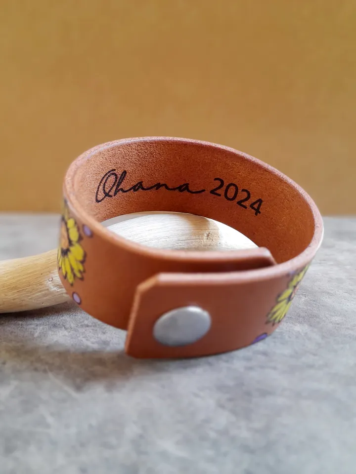Large Yellow Flowers and Butterflies Bracelet, Hand Painted Women Leather Cuff Bracelet, Personalized Bracelet, Daisies, Plant Lover Gift, Ohana