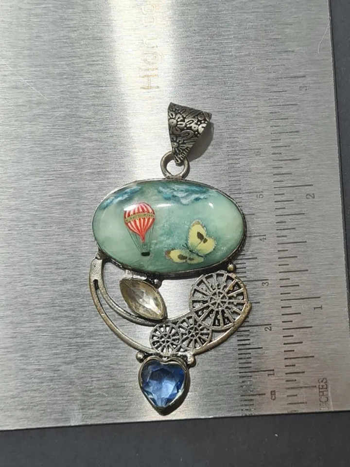 Blue pendant. Oil painting on  stone. Wearable art.