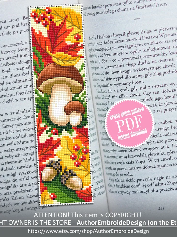Mushroom bookmark cross stitch pattern PDF download Boletus mushroom cross stitch chart, Digital bookmark pattern PDF, Fall embroidery #B165