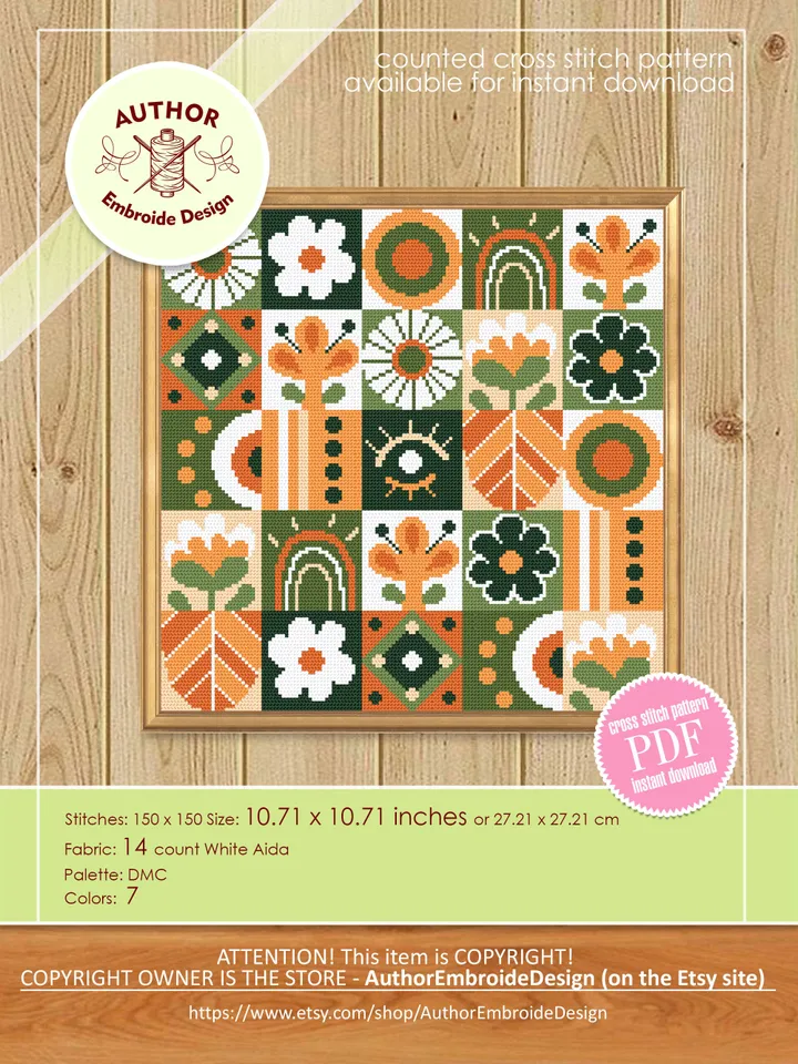 Floral boho cross stitch pattern PDF download Scandinavian folk cross stitch chart for beginner, Abstract flowers pattern digital PDF #P49