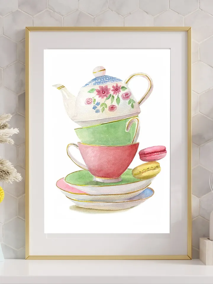Tea cups, Kitchen Art, Wall Art, Kitchen Wall Decor, Vintage Tea Cup, Gift For Tea Lovers, Tea Party Decor ,Watercolor Art Print Tea Poster