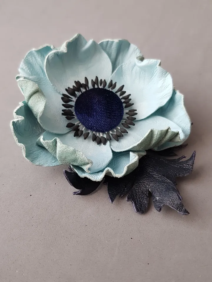 Sky blue leather brooch for her, Leather women's jewelry
