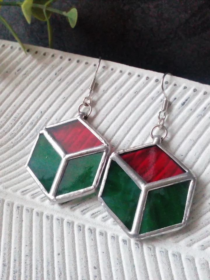 Cube earrrings, hexagon earrings, geometric earrrings, simple stained glass, green stained glass, honeycomb