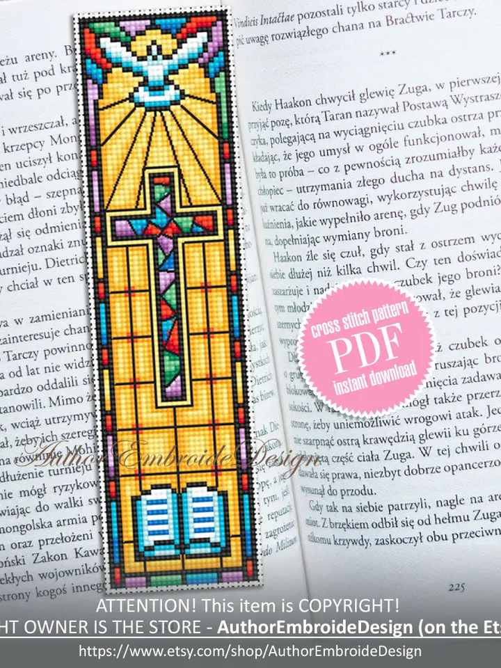 Stained glass bookmark cross stitch pattern PDF download Christian cross stitch chart, Bookmark pattern digital PDF, Bible accessories #B297