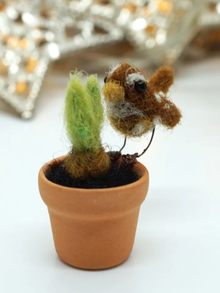 Tiny needle felted wren on a ceramic pot, miniature bird, made to order