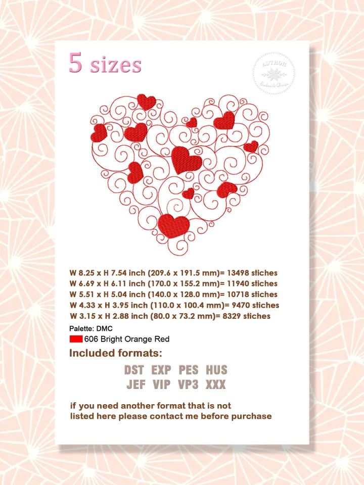 Heart Scroll Embroidery design Machine embroidery pattern 5 sizes, Embroidery files heart ornament instant download, Valentine heart #R23