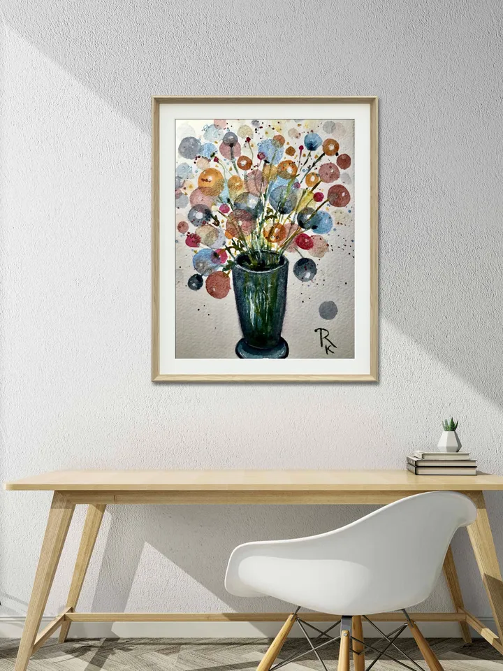Fantasy Flowers in a vase original watercolor painting,floral fantasy wall art,small watercolor painting wall decoration,gift.