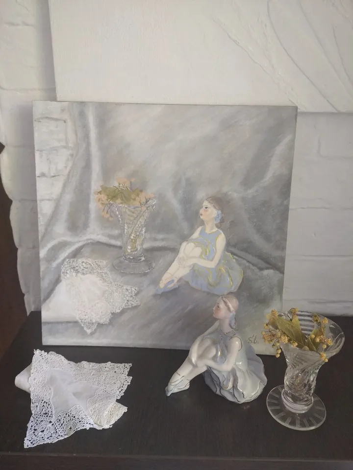 Oil painting, still life with a ballerina figurine, vase and delicate lace handkerchief. Vintage things. Miniature oil painting 12x12 inches
