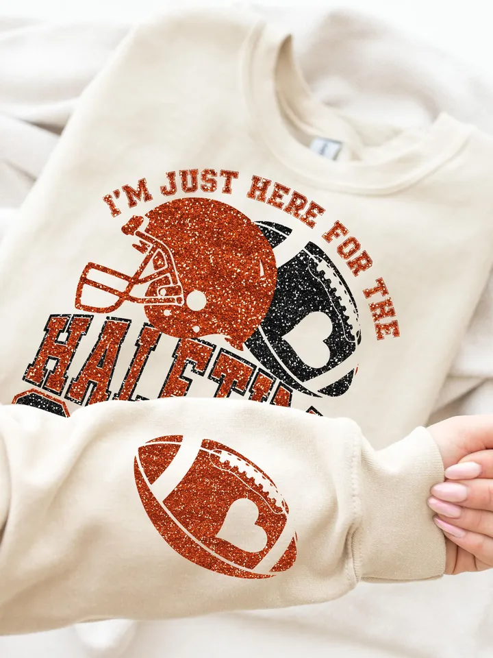 Just Here For Halftime Show Sparkly Faux Sequins Superbowl Png, Game Day Shirt Design, Trendy Superbowl Png, Orange Black Football PNG