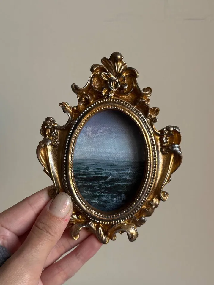 Small Landscape Painting Framed Original Storm Waves Antique Ocean Art Coastal Antique Frame Tiny Paintings 3 x 4 Art Victorian artwork