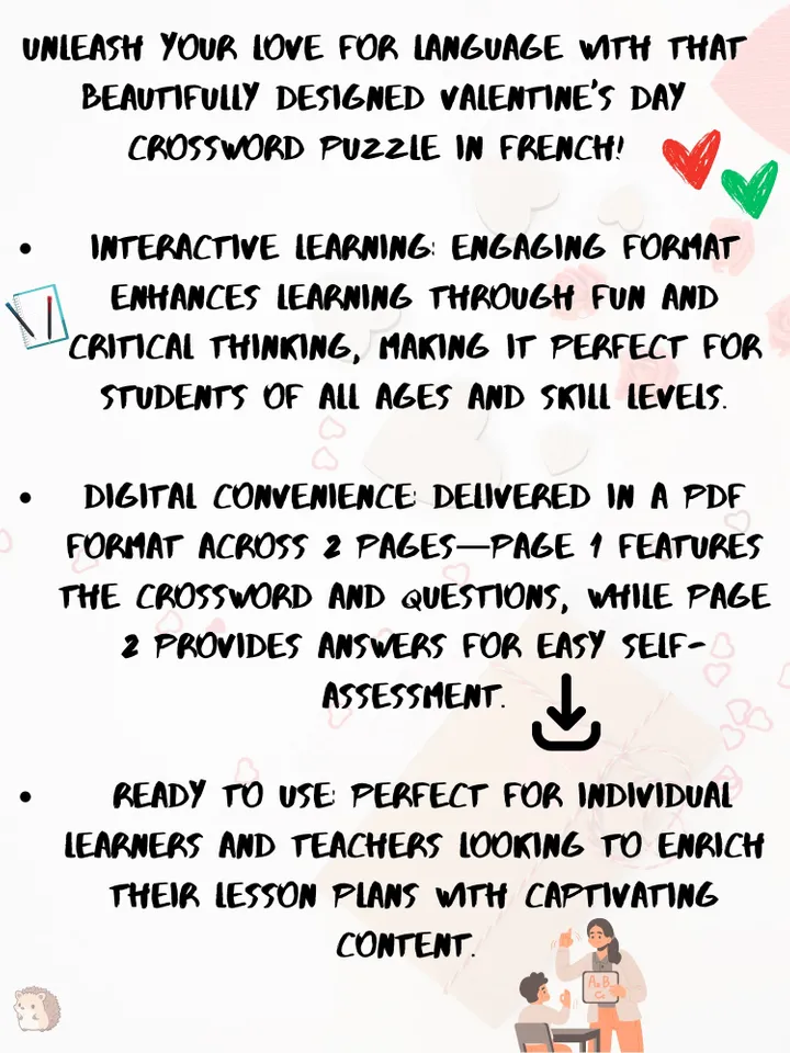 Crossword Puzzle Printable Valentine's Day in French