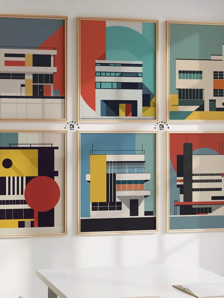 Bauhaus Set of 6 Poster, Bauhaus Building Architectural Print, Gallery Wall Set, Mid Century Modern, High Quality Digital Download print set