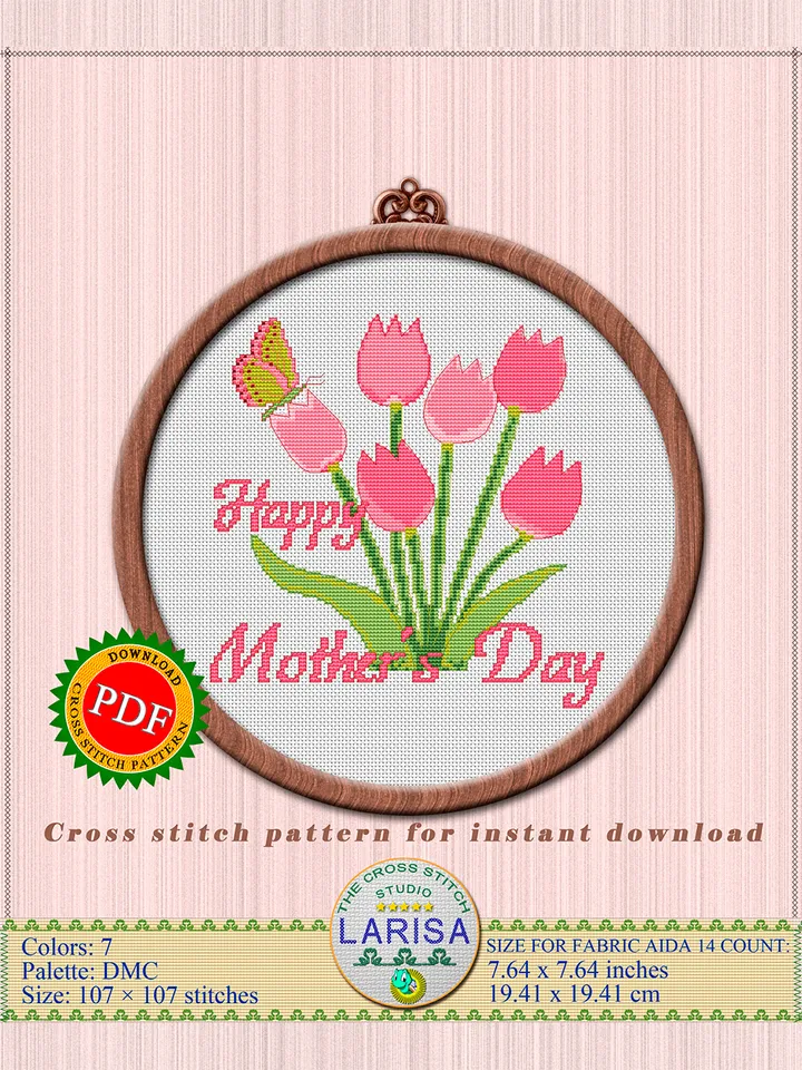 Happy Mother’s Day Cross Stitch Pattern | Tulips