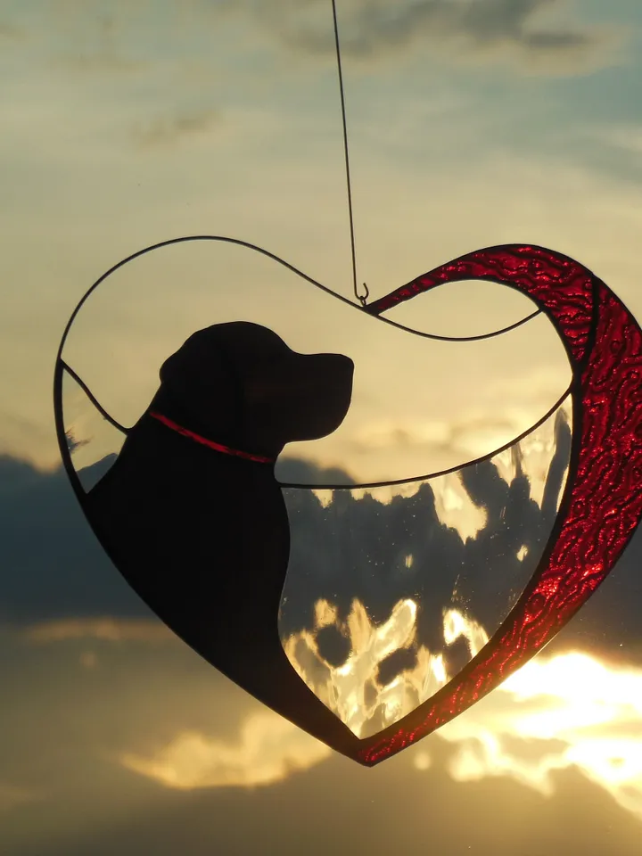 Dog Golden Retriever Labrador in Red Heart . Art Stained glass window hanging Suncatcher , Gift for animal lover , pet loss memorial