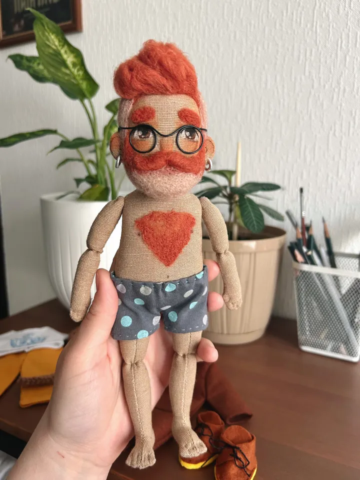 Textile art doll bearded man with ginger hair