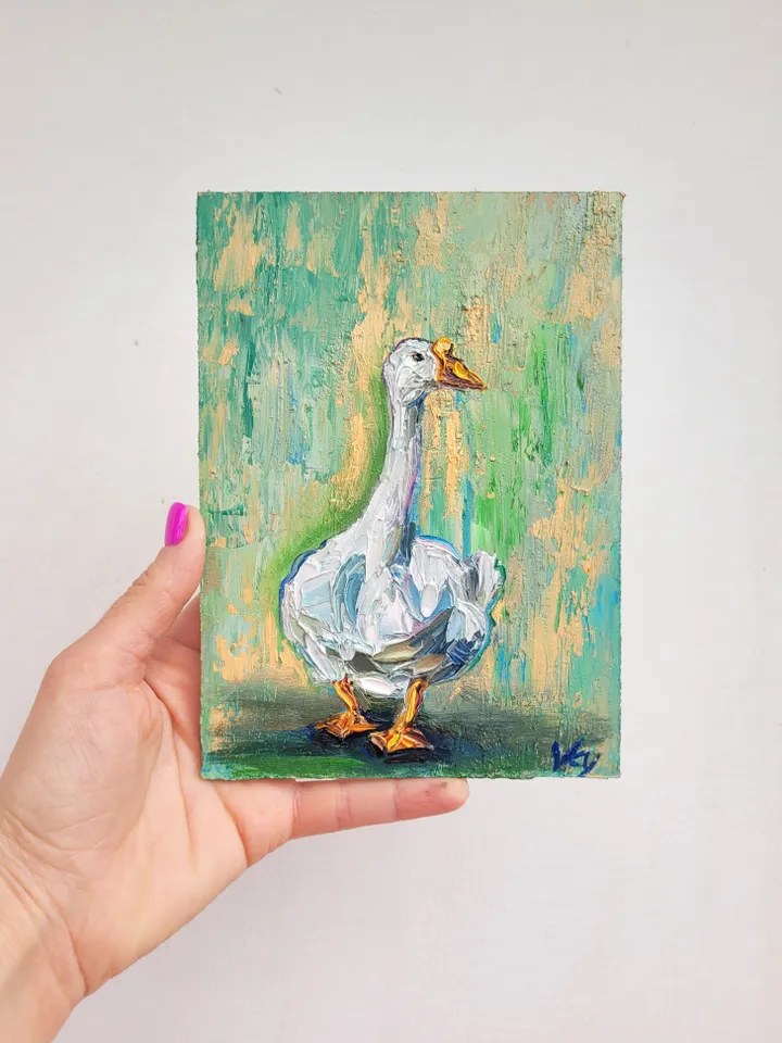 Goose Painting Farm Animals Painting Original Impasto Oil Painting 5x7 Duck Painting White Geese Painting Goose Art Bird Art by ArtFromVictoria