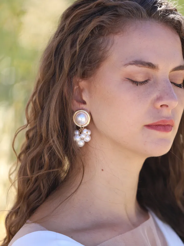 Boho Wedding Earrings, Pearl Chandelier Bridal Earrings, Bohemian Statement Wedding Jewelry, Vintage Style Statement Gold Bridal Earrings,