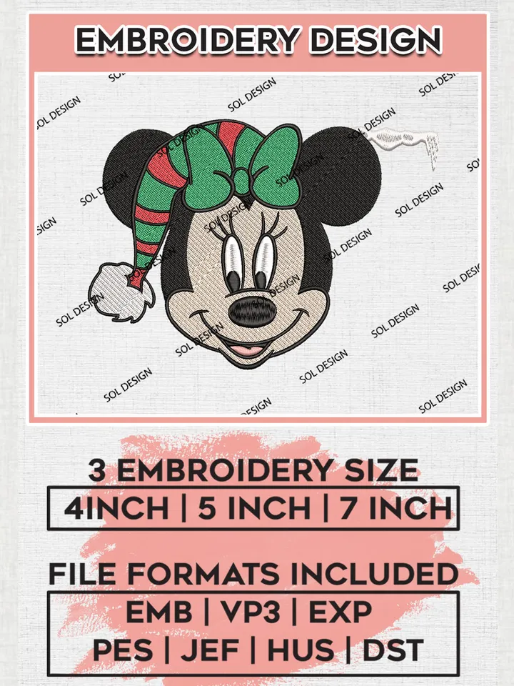Minnie Mouse Elf Christmas Embroidery Design Files, Disney Christmas Machine Embroidery, Disneyland Family Holiday, 3 sizes, Cute Christmas Machine embroidery designs, Digital Download